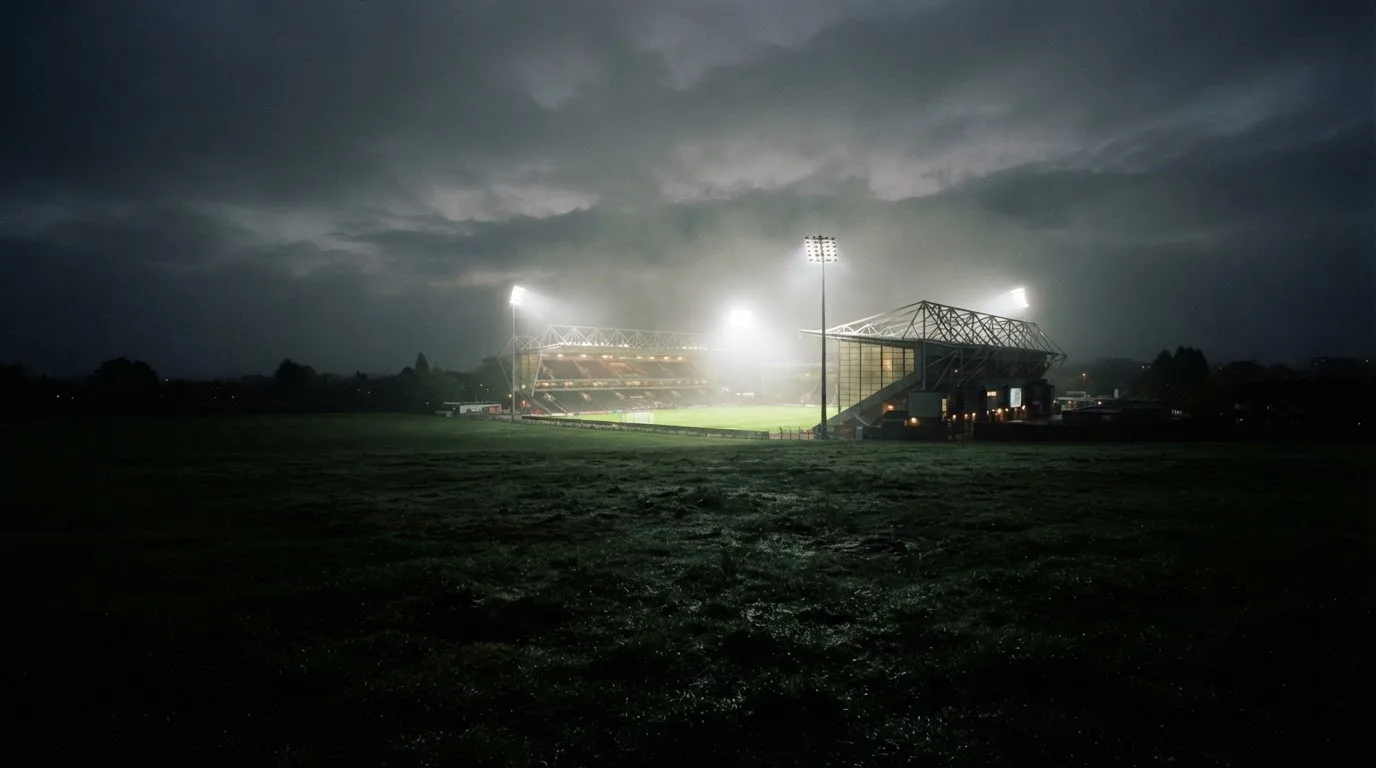 Ein Stadion unter Flutlicht, aus großer Entfernung über eine dunkle Wiese fotografiert, am Himmel zieht Nebel auf.