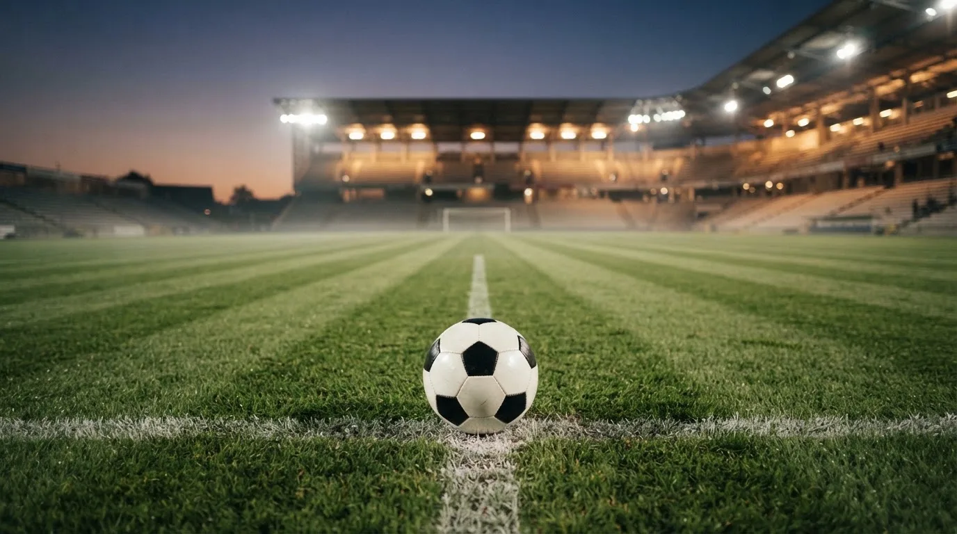 Ein Fußball liegt auf dem Anstoßpunkt eines leeren Rasenplatzes, im Hintergrund steht ein Stadion unter Flutlicht in der Dämmerung.