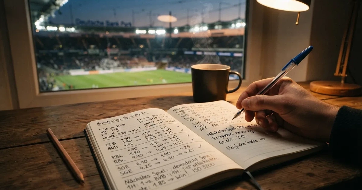 Ein Notizbuch mit handschriftlichen Notizen und Pfeilen liegt aufgeschlagen auf einem Schreibtisch, daneben ein Bleistift und eine Tasse Tee.