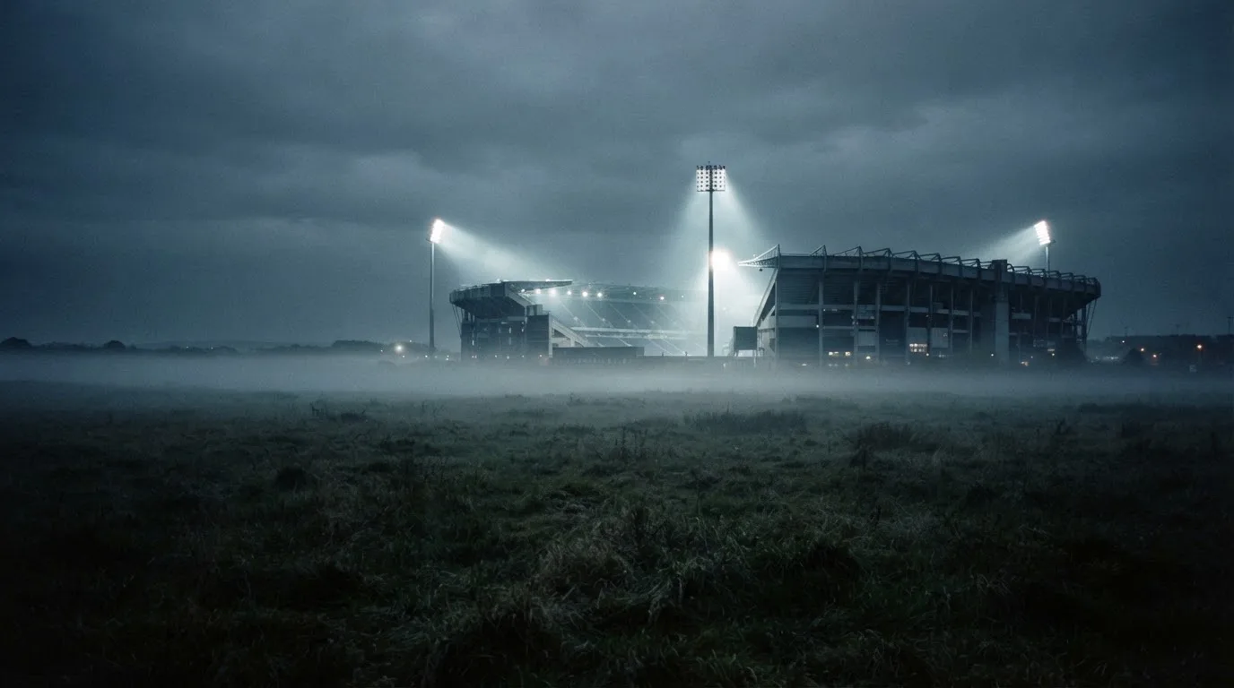Ein Stadion unter Flutlicht, aus großer Entfernung über eine dunkle Wiese fotografiert, am Himmel zieht Nebel auf.