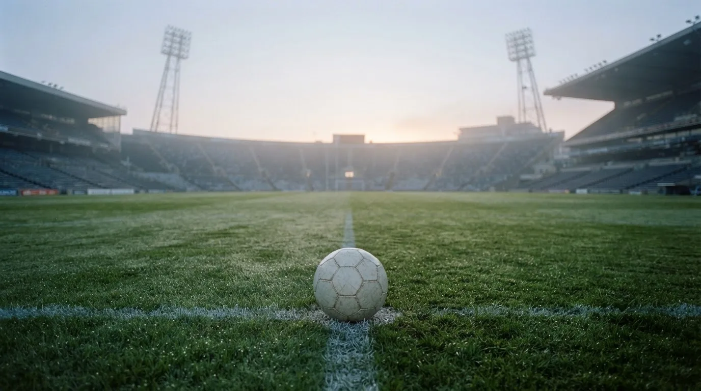 Ein Fußball liegt auf dem Anstoßpunkt eines leeren Rasenplatzes in der Morgendämmerung, im Hintergrund eine leere Tribüne.