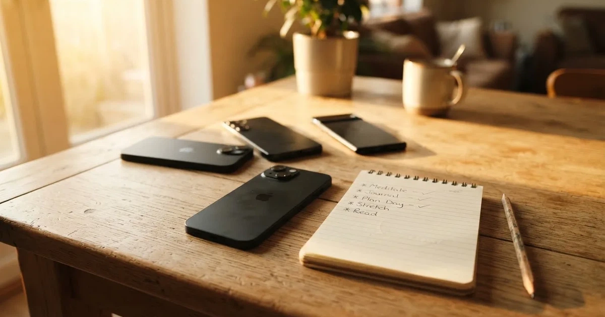 Mehrere Smartphones liegen mit dem Display nach unten neben einem Notizblock und einem Bleistift auf einem hellen Holztisch, seitliches Morgenlicht.