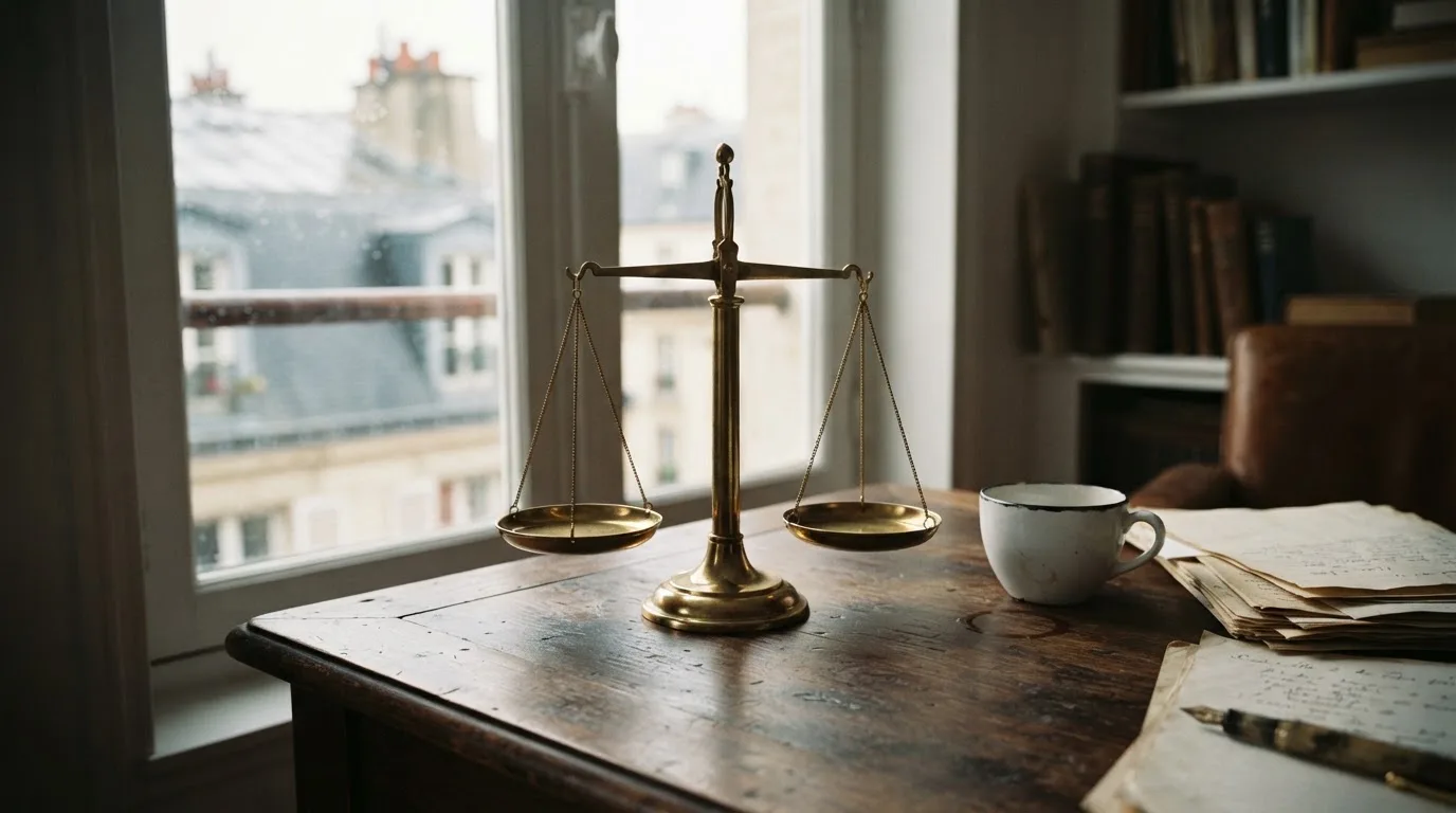 Eine Messingwaage steht auf einem dunklen Holzschreibtisch neben einer Kaffeetasse, im Hintergrund ein Fenster mit Blick auf Dächer.