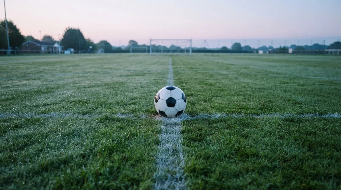Ein Fußball ruht auf dem Mittelkreis eines leeren Rasenplatzes in der Morgendämmerung, Tau liegt auf dem Gras.