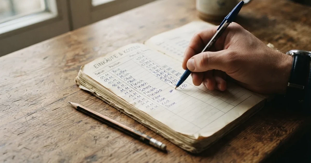 Ein Notizbuch mit handschriftlichen Spalten und Strichlisten liegt neben einem Taschenrechner und einem Bleistift auf einem Schreibtisch.