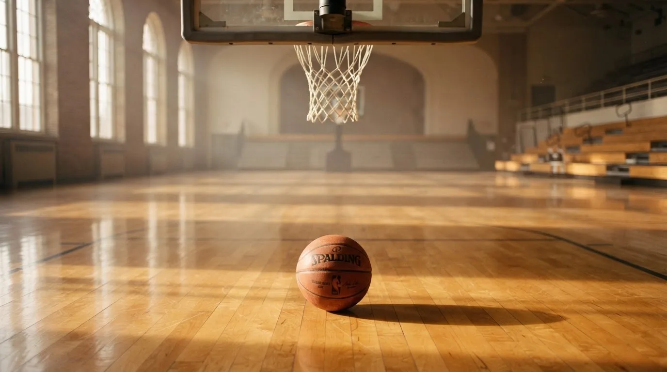 Ein Basketball liegt auf dem Hallenboden unter einem Korb, das Netz hängt ruhig, Morgenlicht fällt durch hohe Fenster.