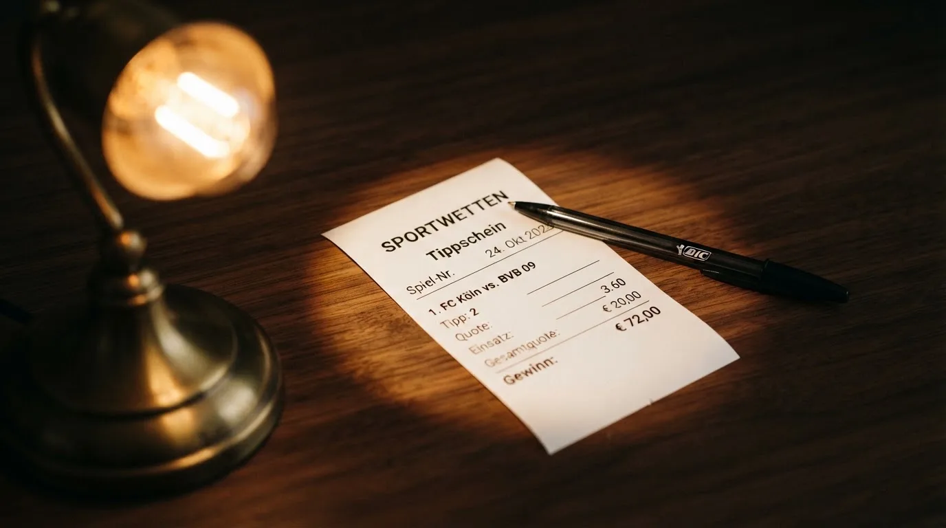 Ein leerer Wettschein aus Papier und ein Kugelschreiber liegen auf einer Tischplatte neben einer kleinen Tischlampe.