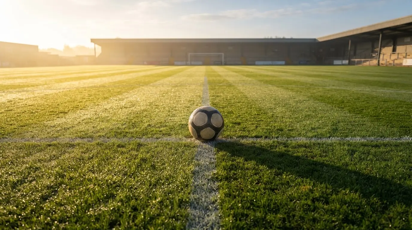 Ein Fußball liegt auf dem Anstoßkreis eines leeren Rasenplatzes im Licht der Morgensonne.