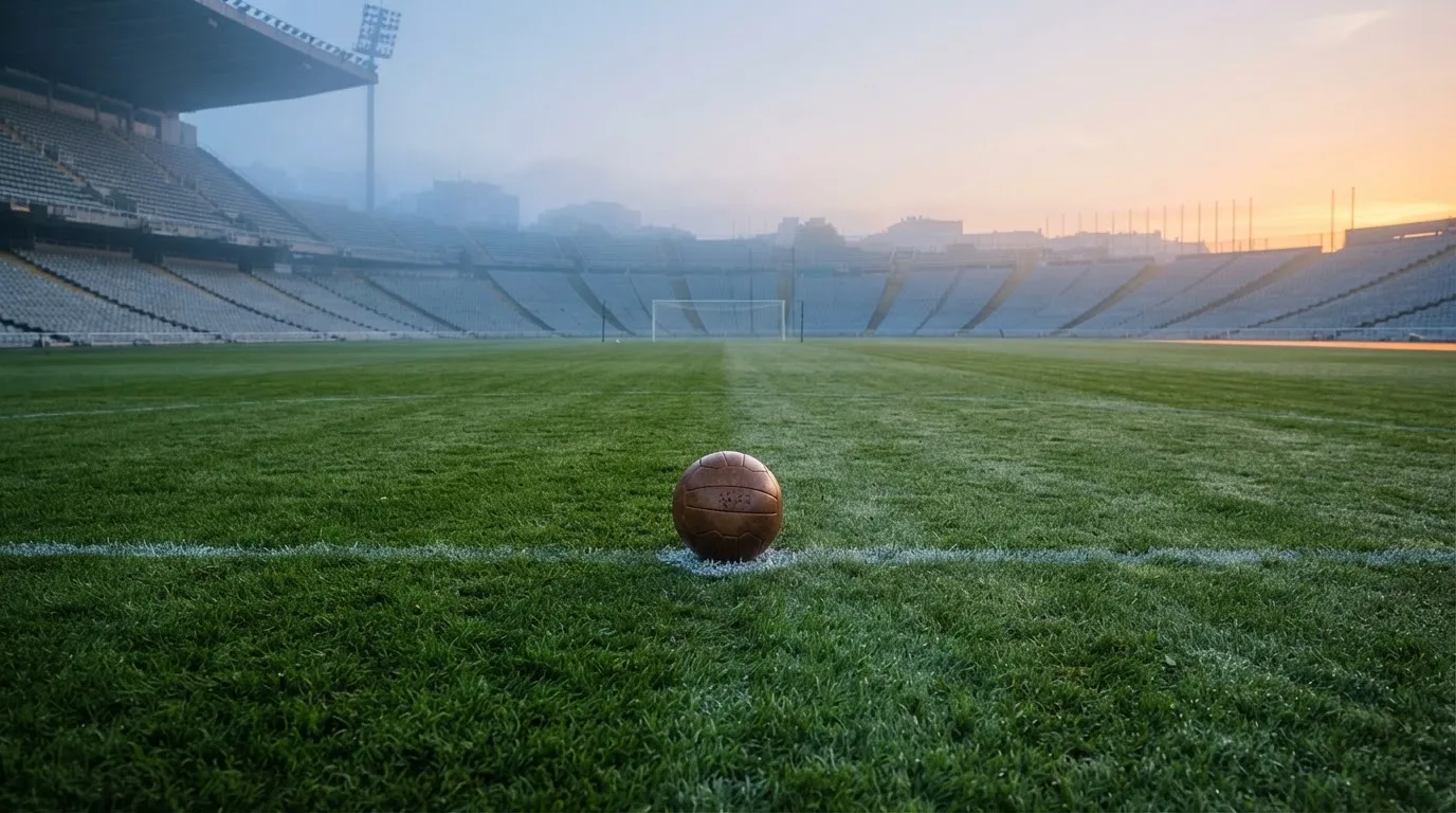 Ein Fußball liegt auf dem Anstoßpunkt eines leeren Rasenplatzes in der Morgendämmerung, im Hintergrund eine leere Tribüne.