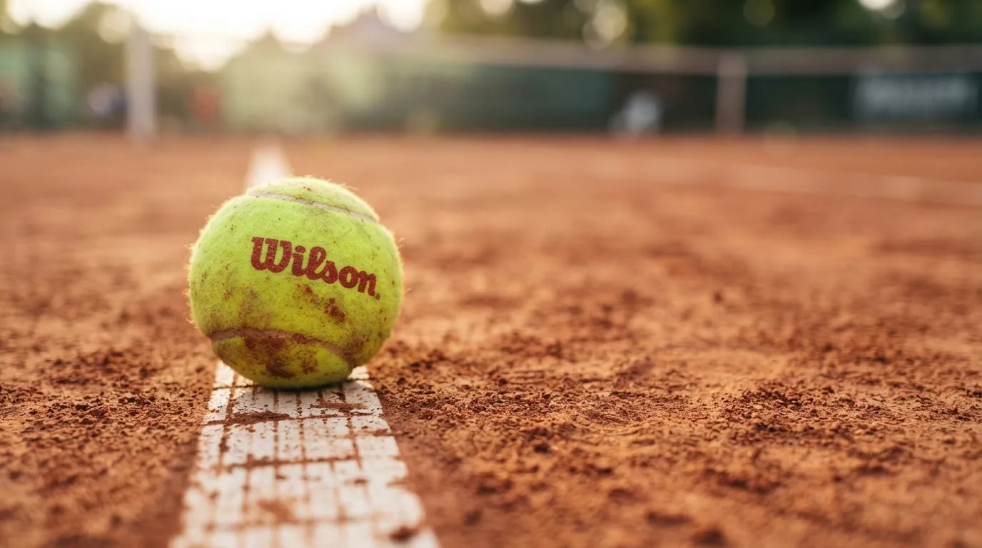 Ein einzelner Tennisball liegt auf rotem Sand neben einer weißen Linie, geringe Schärfentiefe.