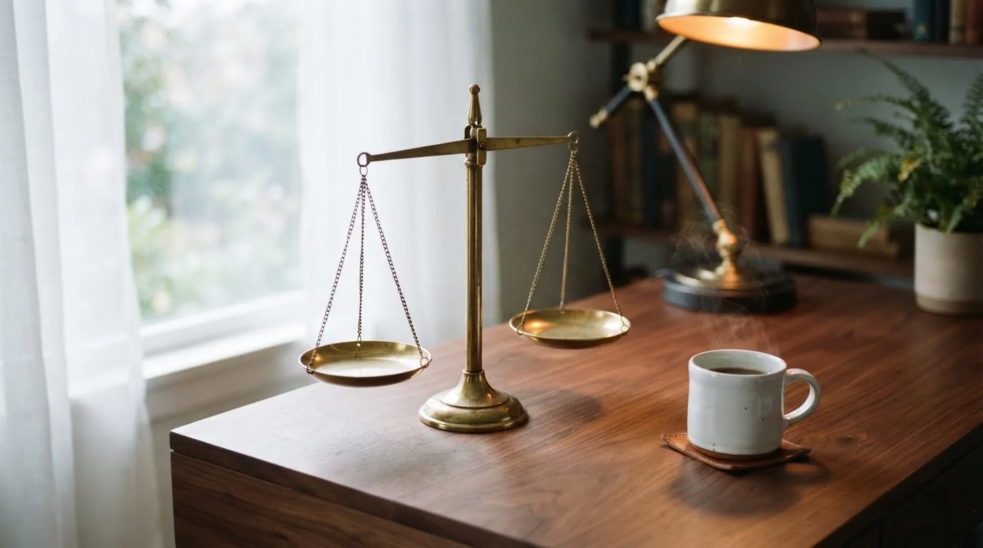 Eine Messingwaage steht auf einem Holzschreibtisch neben einer Kaffeetasse, im Hintergrund ein helles Fenster.