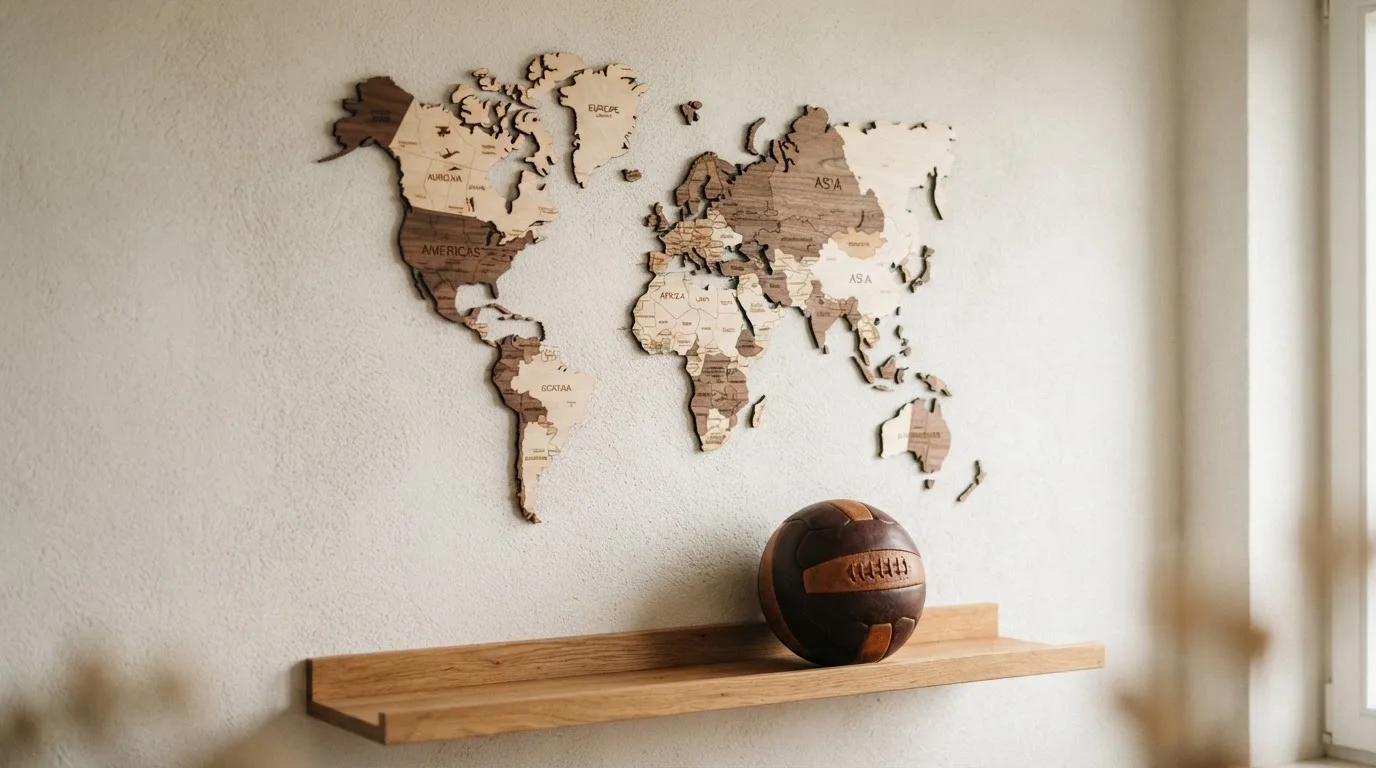 Eine Weltkarte aus Holz hängt an einer Wand, davor liegt ein Fußball auf einem Regal, ohne erkennbare Beschriftung.
