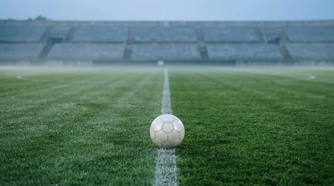 Ein Fußball liegt auf dem Anstoßpunkt eines leeren Rasenplatzes im frühen Morgenlicht, dahinter eine leere Tribüne.