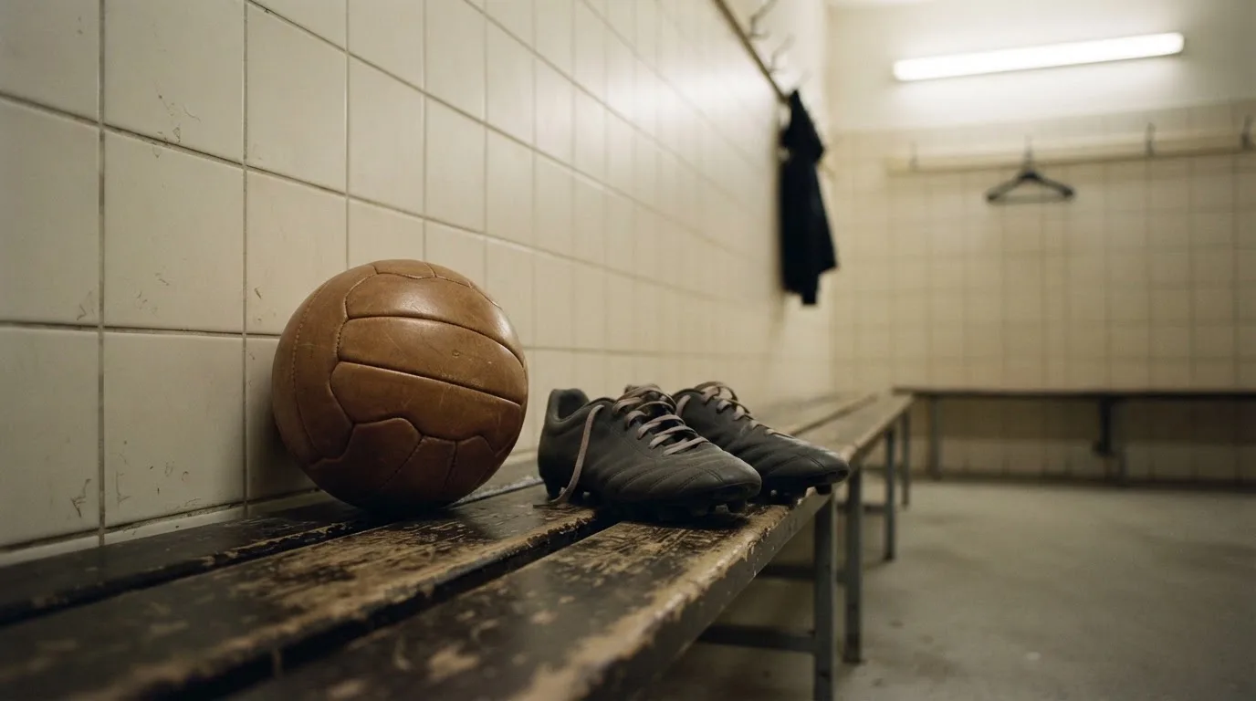 Ein Fußball liegt auf einer Holzbank in einer leeren Umkleide neben einem Paar Fußballschuhen ohne Markenzeichen.