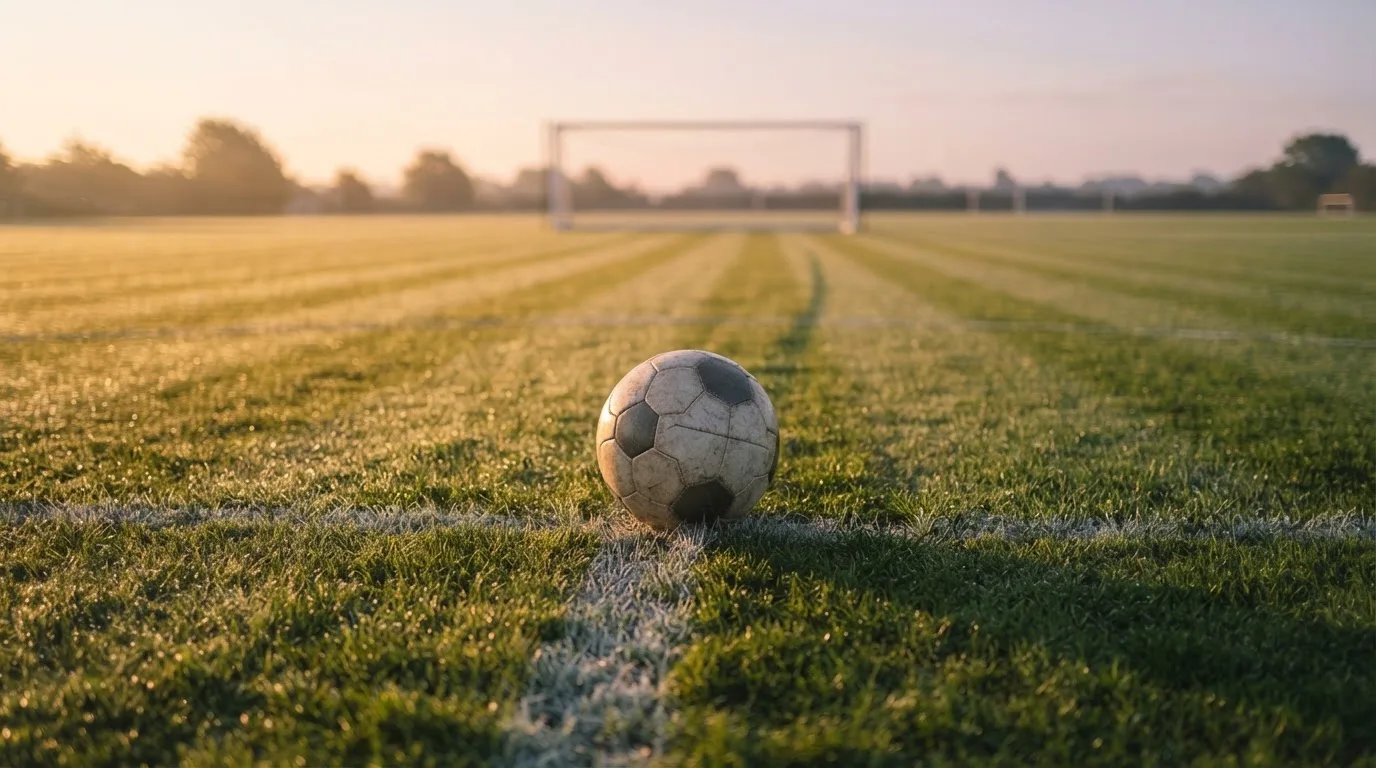 Ein Fußball ruht auf dem Mittelkreis eines leeren Rasenplatzes in der Morgendämmerung, Tau liegt auf dem Gras.