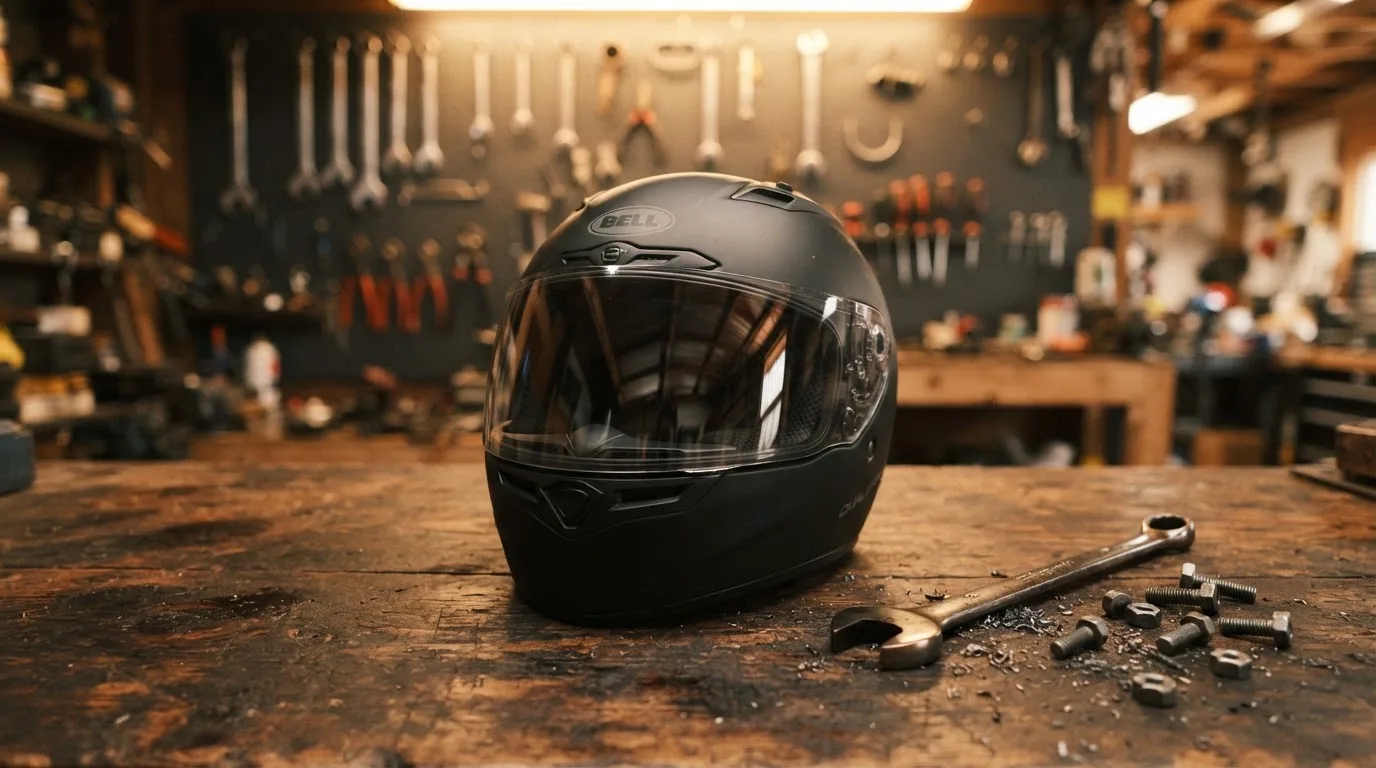 Ein schwarzer Motorradhelm ohne Aufdruck liegt auf einer Werkbank neben einem Schraubenschlüssel, warmes Licht einer Werkstatt.