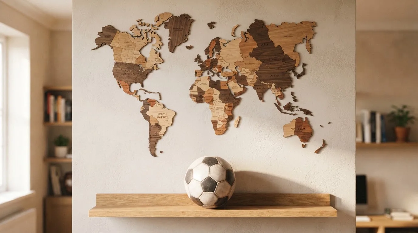 Eine Weltkarte aus Holz hängt an einer Wand, davor liegt ein Fußball auf einem Regal, ohne erkennbare Beschriftung.