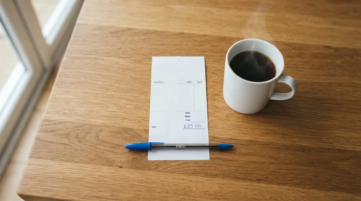 Ein leerer Wettschein aus Papier liegt neben einem Kugelschreiber und einer Tasse Kaffee auf einem Holztisch, Aufnahme von oben.