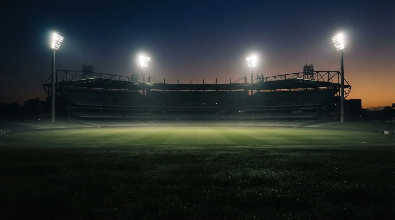Ein großes Stadion unter Flutlicht, aus der Ferne über eine dunkle Wiese gesehen, die Lichtmasten spiegeln sich im Dunst der Abenddämmerung.
