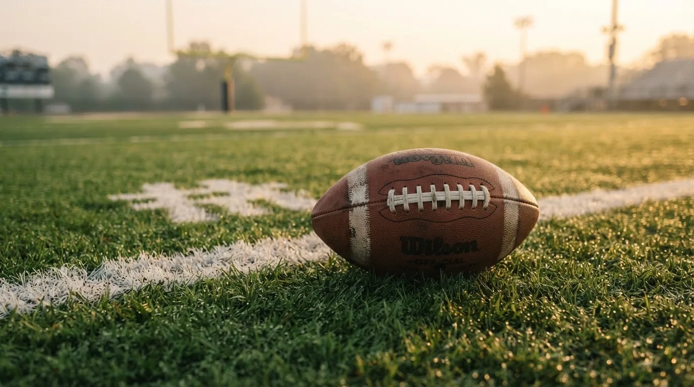 Ein ovaler Lederball mit heller Schnürung liegt auf dem Rasen vor der Endzone, Tau auf dem Gras im ersten Morgenlicht.
