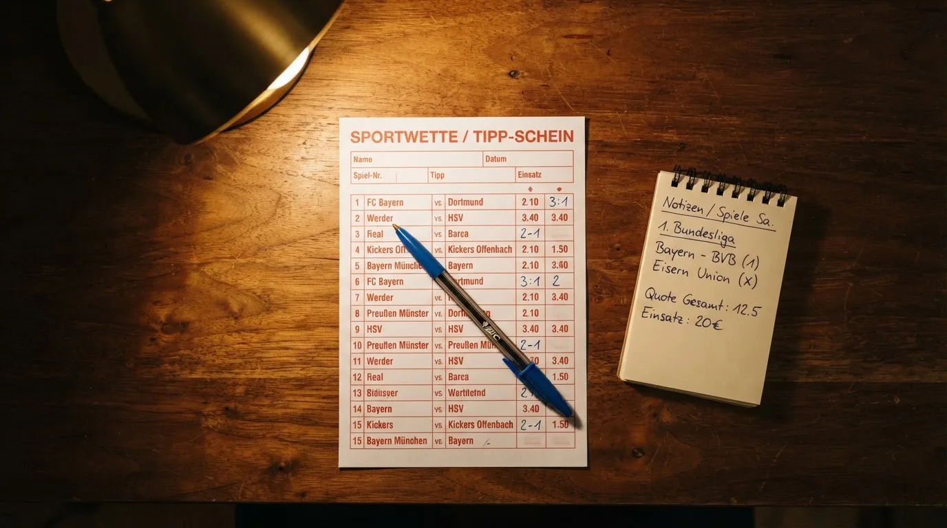 Ein leerer Papierwettschein, ein Kugelschreiber und ein Taschenrechner liegen auf einem Holztisch, warmes Licht einer Schreibtischlampe.