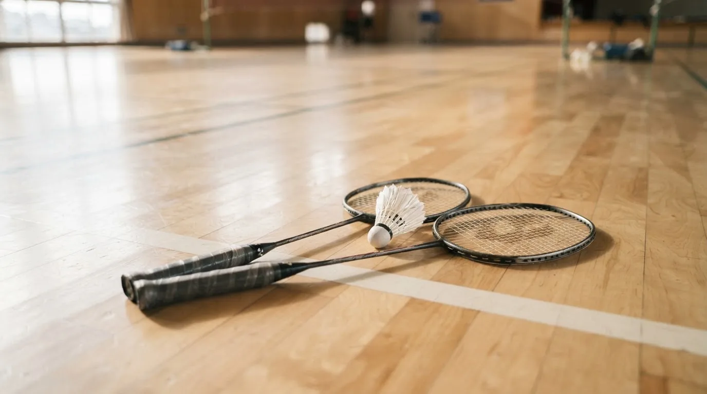 Zwei Badmintonschläger und ein Federball liegen auf einem Holzboden neben der Seitenlinie, weiches Licht fällt von der Seite ein.