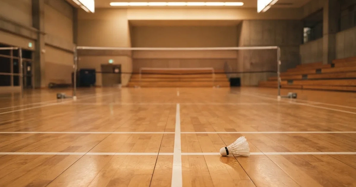 Eine leere Badmintonhalle mit gespanntem Netz und hellen Hallenlichtern, ein Federball liegt auf dem Hallenboden.