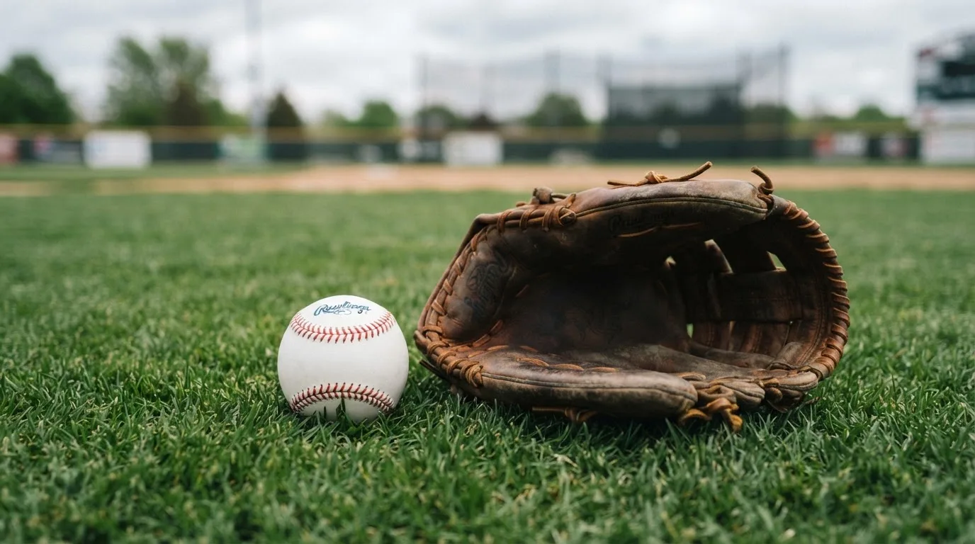 Ein weißer Baseball und ein Lederhandschuh liegen auf kurz geschnittenem Gras, im Hintergrund eine verschwommene Spielfeldbande.