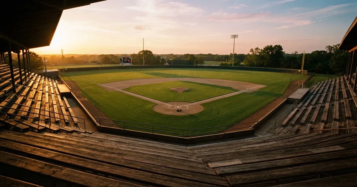 Ein Baseballfeld mit dem hellbraunen Infield und gepflegtem Rasen, von der Tribüne aus gesehen, die Ränge leer, tiefe Abendsonne.