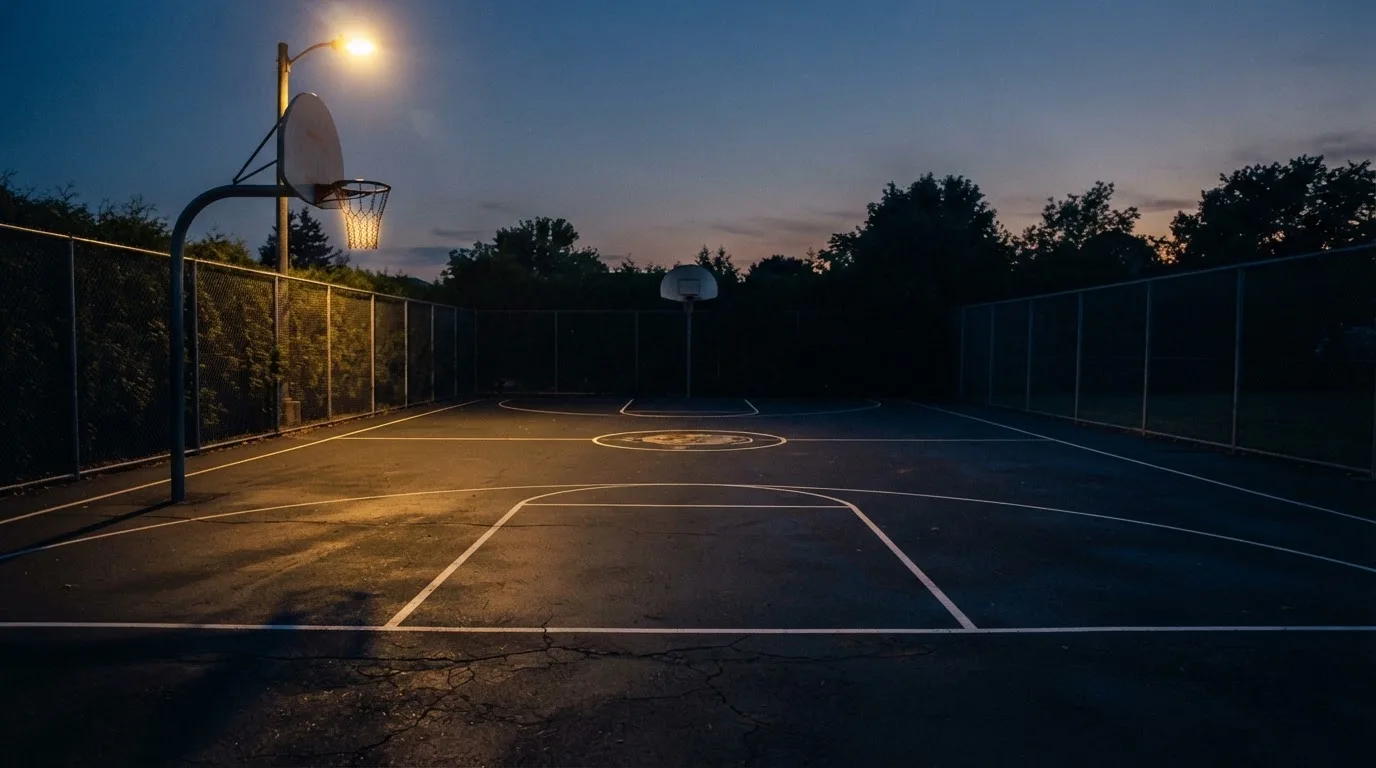Ein Freiluft-Basketballplatz am Abend mit Asphalt, Linien und zwei Körben unter einer Straßenlaterne.