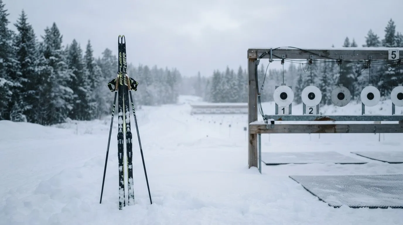 Ein Paar Langlaufskier steckt aufrecht im Schnee neben einem leeren Schießstand mit runden Zielscheiben, kaltes Winterlicht.