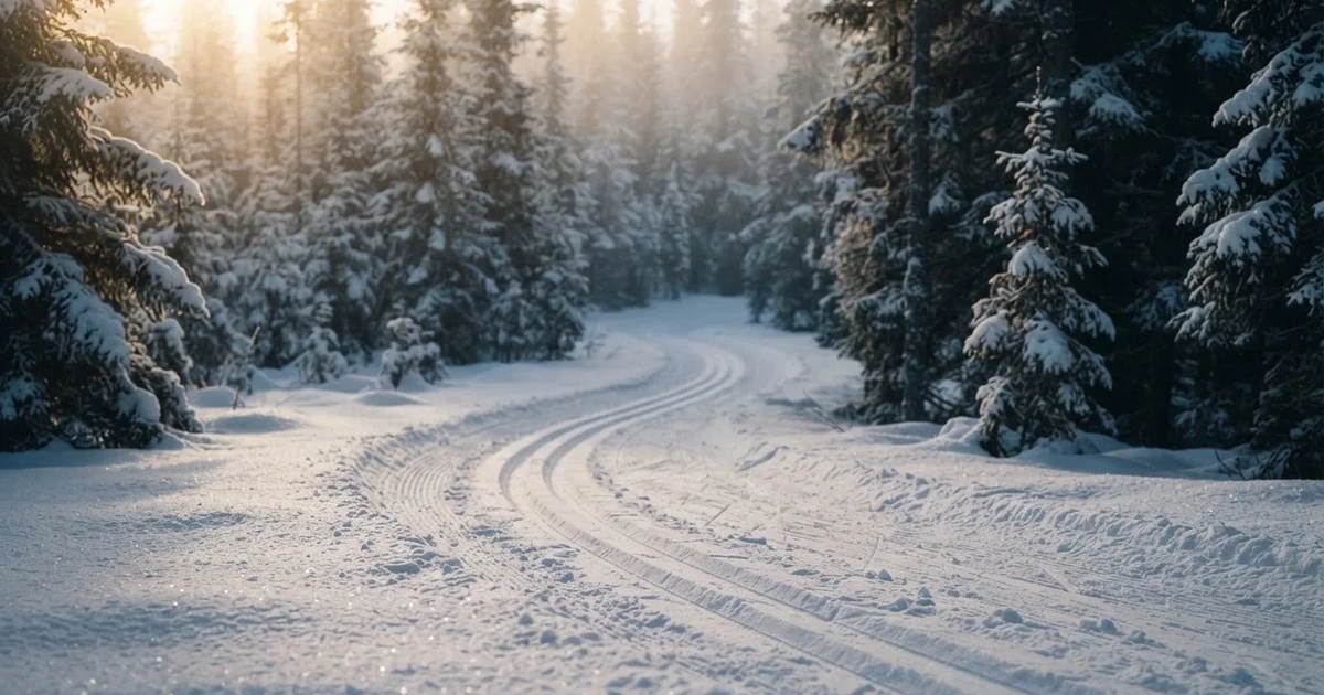 Eine verschneite Loipe zwischen Fichten im Morgenlicht, frische Spuren im Schnee, kein Mensch zu sehen.
