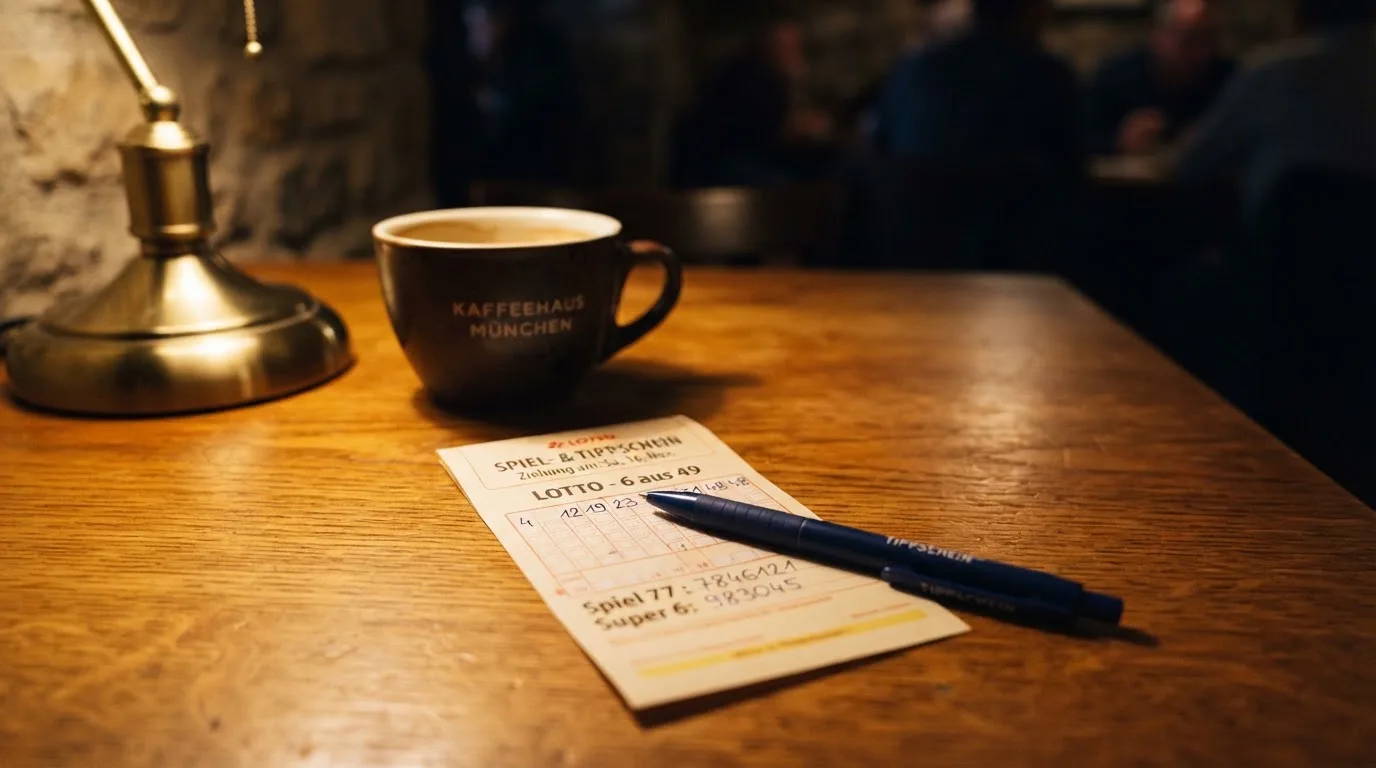 Ein leerer Papierwettschein und ein Kugelschreiber liegen auf einem Holztisch neben einer Tasse, warmes Licht einer Lampe.