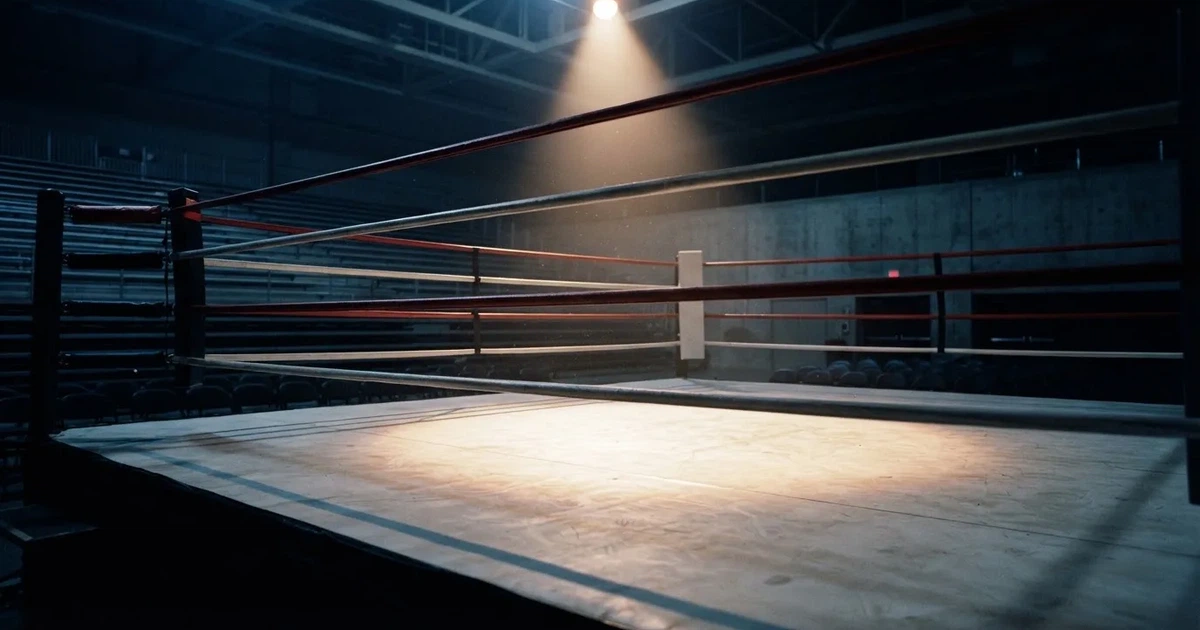 Ein Boxring mit gespannten Seilen in einer leeren Halle, ein einzelner Scheinwerfer leuchtet von oben auf die Ringmatte.