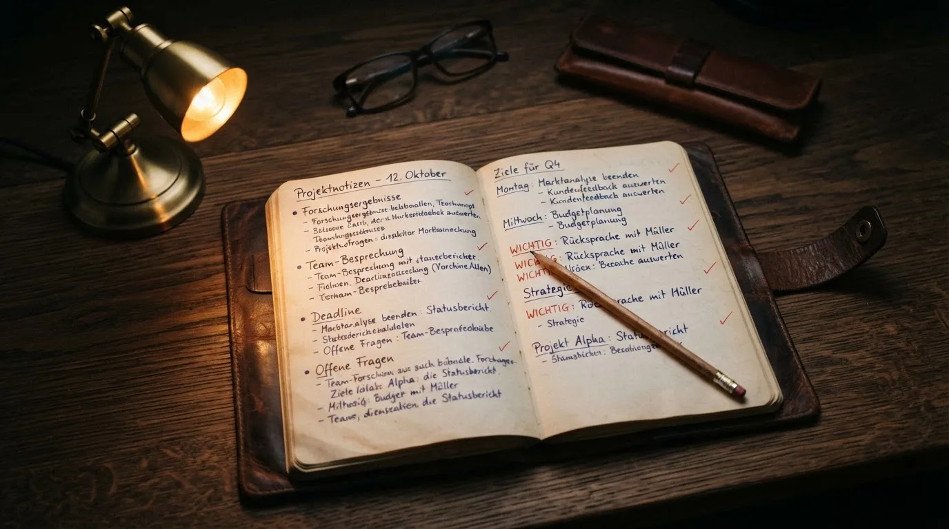 Ein Notizbuch mit handschriftlichen Notizen und ein Bleistift liegen neben einer Tischlampe auf einem Schreibtisch, ruhiges Abendlicht.