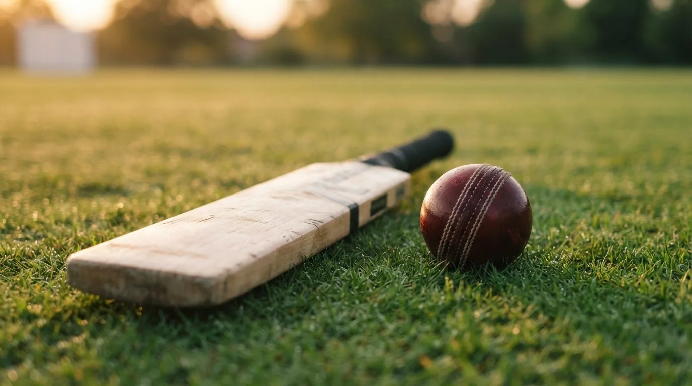 Ein Cricketschläger aus hellem Holz und ein roter Lederball liegen auf kurzem Rasen, weiches Abendlicht.