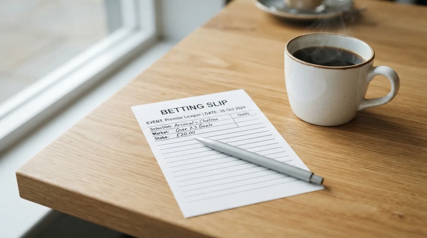 Ein leerer Wettschein aus Papier liegt neben einem Kugelschreiber und einer Tasse auf einem hellen Holztisch.