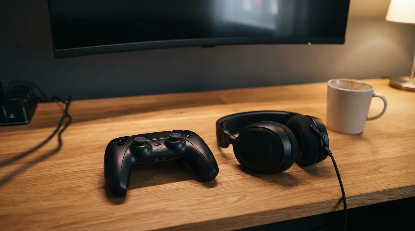 Ein Gamepad und ein Headset liegen auf einem Schreibtisch neben einer Tasse, der Bildschirm im Hintergrund ist ausgeschaltet.