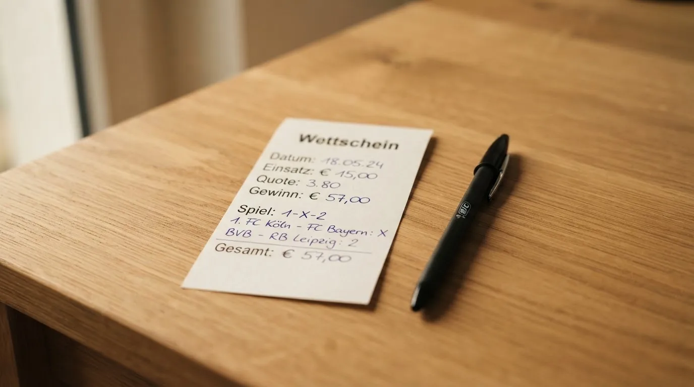 Ein leerer Papierwettschein und ein Kugelschreiber liegen auf einem aufgeräumten Schreibtisch, weiches Licht von einem Fenster.