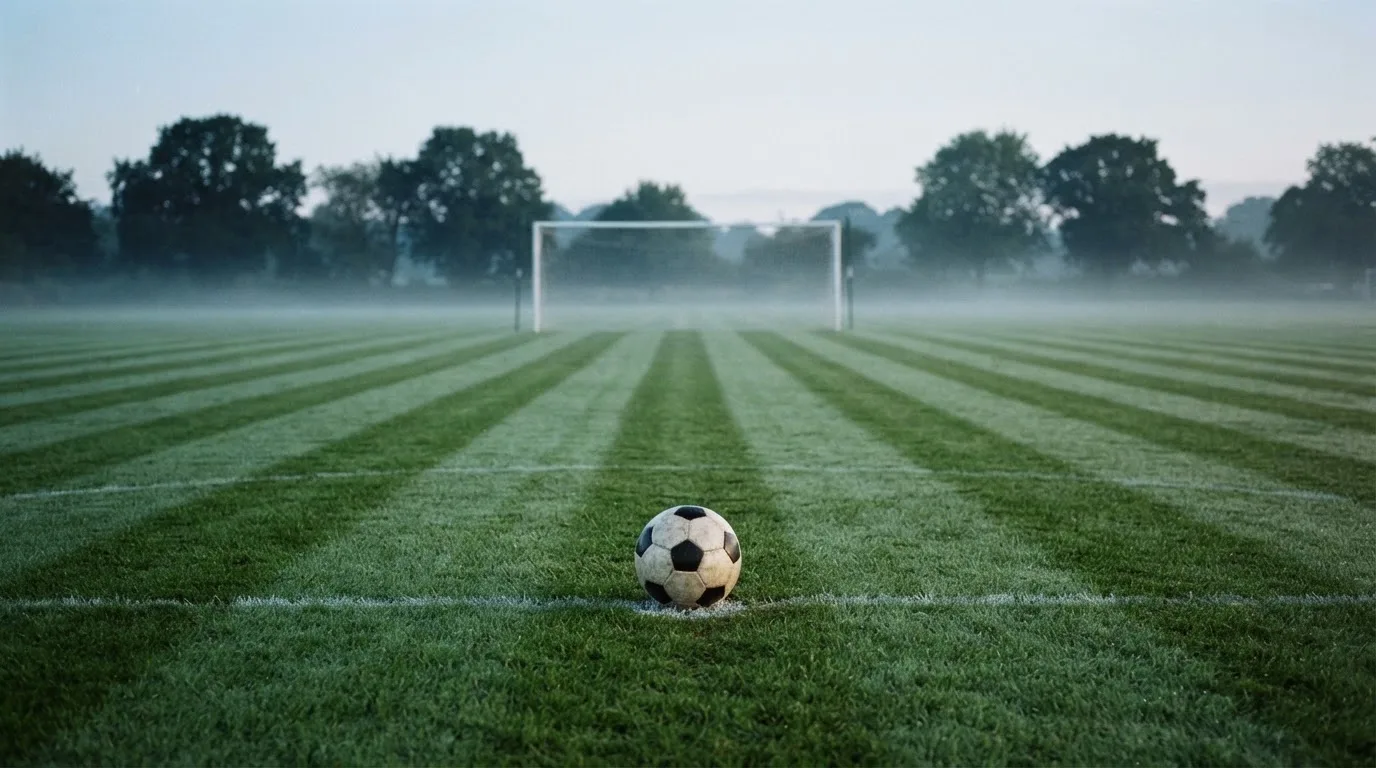 Ein Fußball liegt auf dem Elfmeterpunkt eines leeren Rasenplatzes, im Hintergrund unscharf ein Tor im Morgendunst.