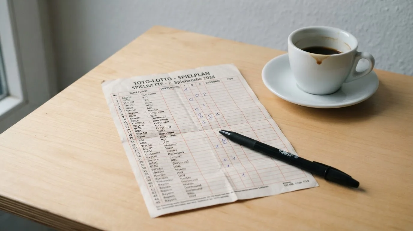 Ein leerer Wettschein aus Papier liegt neben einem Kugelschreiber und einer Tasse auf einem hellen Holztisch.