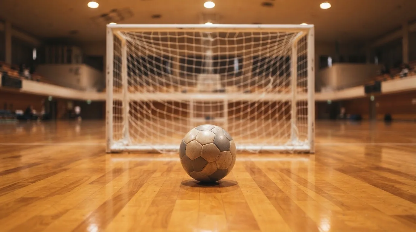 Ein kleiner schwerer Ball liegt in einer Halle auf dem Parkett vor einem Tor, warmes Licht aus den Deckenstrahlern.