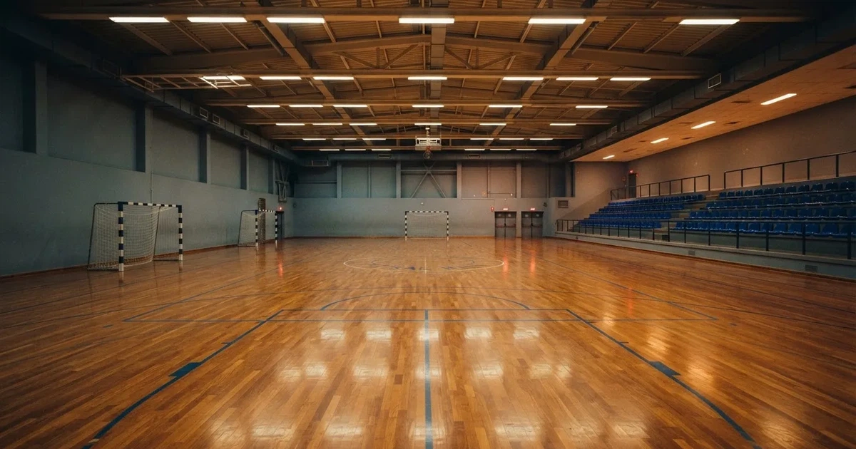 Eine leere Sporthalle mit hellem Hallenboden, kleinen Toren an beiden Enden und blauen Linien, Licht fällt von oben.