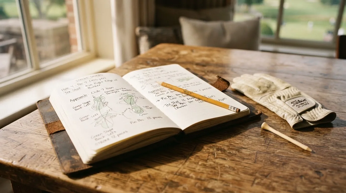 Ein Notizbuch mit handschriftlichen Notizen und ein Bleistift liegen neben einem Golfhandschuh und einem Tee auf einem Holztisch.