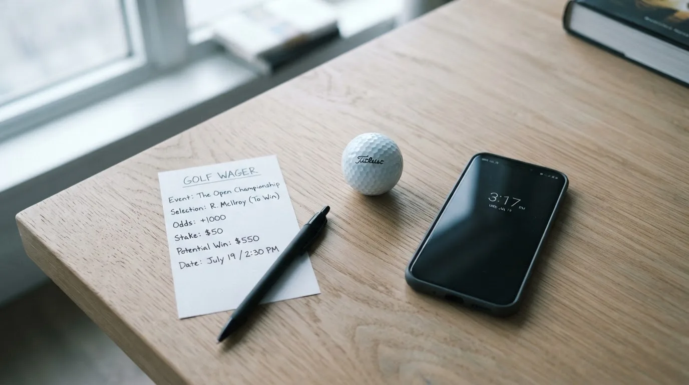 Ein leerer Wettschein aus Papier liegt neben einem Smartphone mit dunklem Display auf einem Tisch, daneben ein einzelner Golfball.