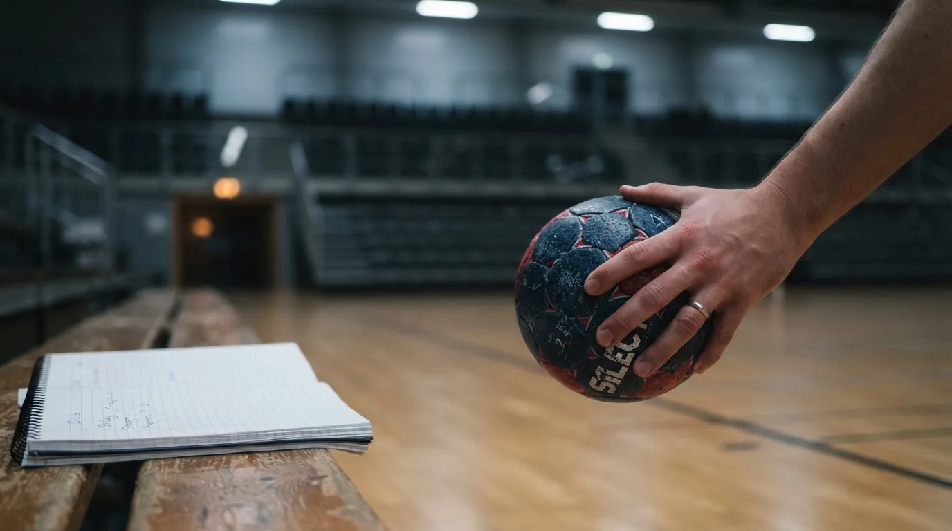Eine Hand hält einen Handball, im Hintergrund eine unscharfe Tribüne, daneben liegt ein Notizblock auf einer Bank.