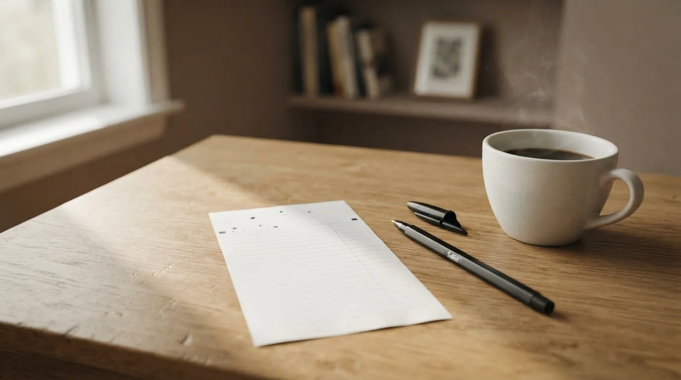 Ein leerer Wettschein aus Papier und ein Kugelschreiber liegen auf einem Schreibtisch neben einer Tasse Kaffee im Tageslicht.