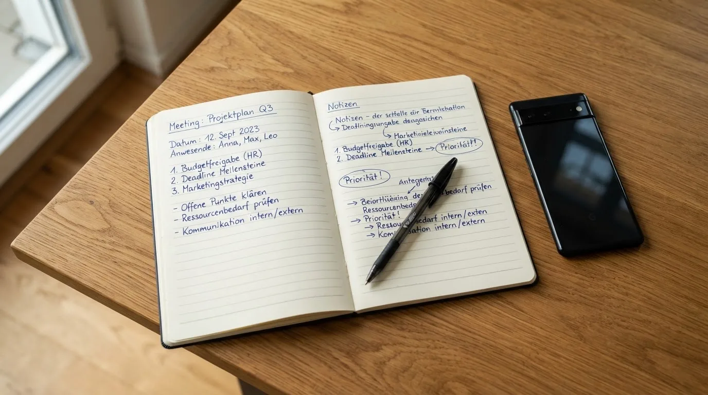 Ein Notizbuch mit handschriftlichen Notizen und ein Stift liegen auf einem Holztisch neben einem Smartphone mit dunklem Bildschirm.