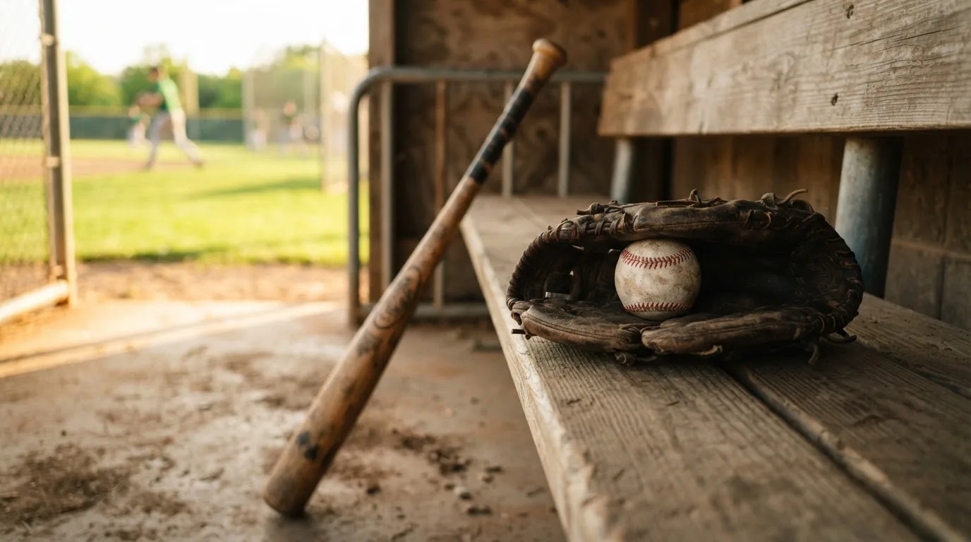 Ein Baseballschläger lehnt an einer Bank im Dugout, daneben liegen ein Handschuh und ein Ball im Licht der Nachmittagssonne.