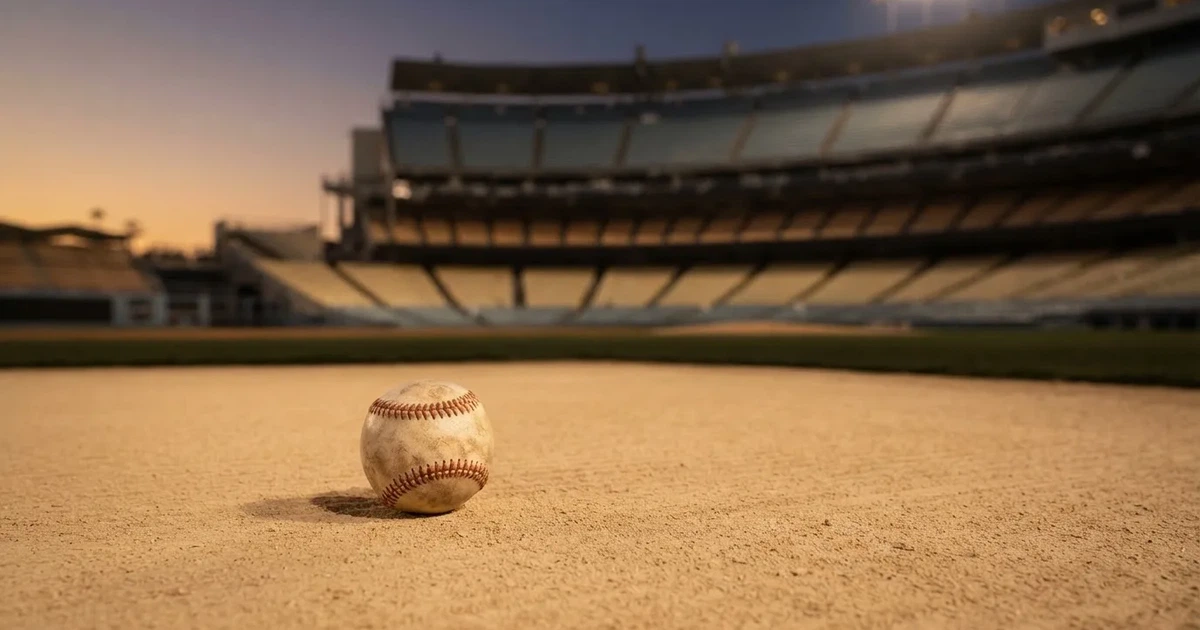 Ein Baseball liegt auf dem hellen Sand des Infields, im Hintergrund eine große Tribüne in der Abenddämmerung.